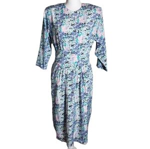Vintage Alexis Petite Blue Floral Print Midi Dress Womens Size 11-12 Work Church